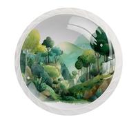 12 pomelli rotondi per armadietti, paesaggi della foresta verde acquerello, in cristallo, per cassetti, cassettiere, armadi, per casa, cucina, 3,5 x 2,8 cm