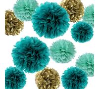 12 pompon da appendere alla parete con fiori di carta color verde acqua, turchese e oro, per sfondo, compleanno, matrimonio, baby shower, addio al nubilato, Natale, asilo nido