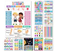 12 poster educativi bilingue spagnolo inglese tabella di apprendimento impermeabile per scuola materna, scuola materna, 1 ° grado, decorazione in classe, alpabet, alfabeto, numeri, stagioni, colori