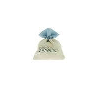 12 pz battesimo bag sacchetto tessuto celeste e beige con scritta in legno 10x12