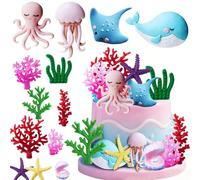 12 pz decorazioni per torte con animali marini, decorazione corallo e calamaro per torte, decorazione per cupcake di compleanno a tema mare, cake topper compleanno, topper per torte con animali marini