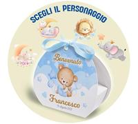 12 pz. Scatoline bomboniere portaconfetti personalizzate Prima Nascita, Battesimo, con nome e personaggio a scelta + 5mt. Nastro Raso - Facilissime da montare