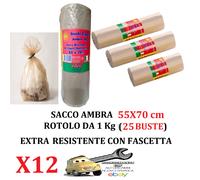 12 Rotoli da 1 Kg (Tot. 300 Buste) 55x70 Sacco immondizia AMBRA Extra Resistenti