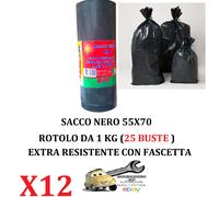 12 Rotoli da 1 Kg (Tot. 300 Buste) 55x70 Sacco immondizia NERO Extra Resistenti