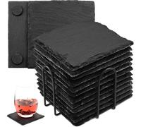 12 sottobicchieri in ardesia con supporto, 10 x 10 cm, rettangolari in vetro nero con base antigraffio, piatti da portata quadrati per bar, cucina, decorazione per la casa (A)