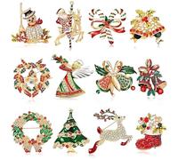 12 spille natalizie, spilla di Natale, con cristalli di cristallo, per albero di Natale, pupazzo di neve, renna, ornamento per decorazioni natalizie, zaini, cappelli, giacche