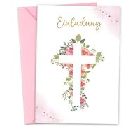 12 x biglietti d'invito con busta, eleganti biglietti a croce rosa, delicati biglietti dorati, per ragazze, battesimo, cresima, comunione, cresima