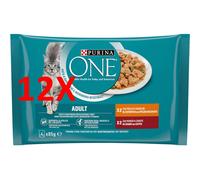 12 X Purina One Cat Adult4 Buste Da 85 Grammi (2 Pollo E Fagiolini - 2 Manzo E