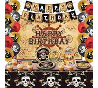 120 decorazioni per feste a tema pirata, decorazioni per feste a tema pirata, il set include: palloncini, sfondo, striscione, topper per torte, piatti e tovaglioli, stoviglie, tovaglia