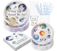 120 Pezzi Decorazioni per Feste di Compleanno a Tema First Trip Around the Sun, Articoli per Feste a Tema 1st Space Party, Stoviglie Monouso | Per 24