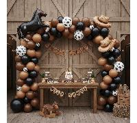 120 pezzi Set di arco di palloncini da cowboy occidentale, include palloncini da 5"/10"/18", cappelli da cowboy, palloncini a forma di cavallo e stivale - palloncini in lattice marrone/nero/rosso, ada