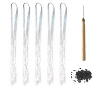 1200 capelli argentati al laser, con 1 uncinetto e 100 anelli di splicing per parrucche, parrucca allungata per capelli, capelli fatinosi lampeggianti, set di extension per capelli femminili (120 cm)