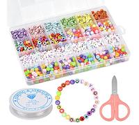 1200 Pezzi Perline con Lettere per Braccialetti, Colorate Perline Alfabeto a Forma di Cuore Motivo a Forma di Smiley, per Bambini Bricolage Fai da Te, Perline e Forbici di Sicurezza Incluse
