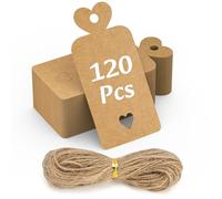 120PCS Cartoncini per Bomboniere 5x10CM Carta Kraft Etichette Vuote con Filo & 30M Juta Naturale DIY per Regali di Matrimonio, Regali, Etichette Marroni, Prezzo, Etichette con Filo-Cuore
