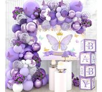 121pcs Baby Shower Scatole con Farfalle Viola, Baby Shower Scatole con Farfalle Viola con Palloncini Bianchi Lavanda e Sfondo, Palloncini con Farfalle, Decorazioni per Feste di Compleanno Ragazze