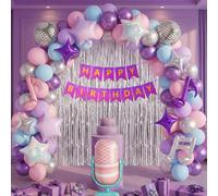 122 pezzi Set di arco di palloncini a tema musica K-POP, include microfono, note musicali, stelle musicali, palloncini rosa e viola e striscione, adatto per decorazioni per feste di compleanno di fan 