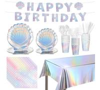126 pezzi di forniture per feste di compleanno a sirena, piatti iridescenti, bicchieri, tovaglioli, posate, kit di stoviglie di carta usa e getta con striscione di buon compleanno e tovaglia