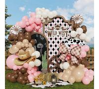 126 pezzi Set di decorazioni per feste a tema western, include palloncini a forma di cappello da cowboy marrone, ruote di carri, palloncini con fiocco a quadri marroni, adatto per decorazioni per fest