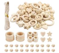 126 Pezzi Set di Perline in Legno, Perlines di Legno Rotonde Naturali, Palline di Legnos con Foro Il Kit Contiene 110 Perline di Legnos Naturali, 15 Anelli di Legnos e Corde, Cerchi in Rotondi