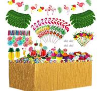 128 Pezzi Gonna Tavolo Hawaiana Tovaglia da Tavolo Set, Foglie di Palma Fiori Hawaiani Cake Topper per Il Partito Luau Hawaiano Decorazioni da Tavola