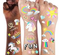 128+ tatuaggi temporanei con unicorno arcobaleno e glitter, glitter argento orgoglio tatuaggi finti per bambini ragazzi ragazze bomboniere forniture per feste di compleanno, fumetto metallico LGBT