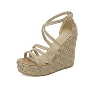 12CM/4.72IN Sandali Zeppa Super High Heel Sandali Estate Spessore Suola Paglia Tacchi Alti,Beige,39 EU