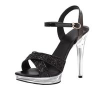12cm Glitter Thin Heel High Heels Summer Sexy Fish Mouth Platform Crystal Open Toe Sandals Comfortable Female Party(Brown,40)
