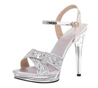 12cm Glitter Thin Heel High Heels Summer Sexy Fish Mouth Platform Crystal Open Toe Sandals Comfortable Female Party(Dark Khaki,36)