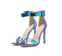 12CM Summer Illusion Colored Snake Pattern Strap Hollow High Heels Sandali A Spillo per Banchetti di Moda Versatili,Blu,35 EU