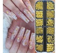 12Grids Ocean Gold Nail Art Charms Conchiglia/Cavalluccio marino/Stella marina Perle bianche semicircolari Gemme miste Punk Manicure Rivetti in metallo Borchie-PH045