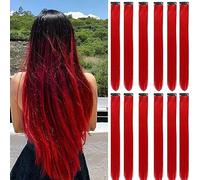 12Packs Colored Hair Extensions 21.65Inch Straight Color Clip in on Hair Extension Rainbow Party Cosplay Highlights Synthetic Hairpiece for Women (Big Red)