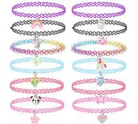 12PCS Girocollo Set di collane per bambini adolescenti ragazze donne, Ciondolo Charm Unicorno Arcobaleno Panda Gatto Cuore Fiore Sirena Tattoo Stretch Elastico Nero Rosa Verde Blu Rosso