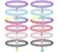 12PCS Girocollo Set di collane per bambini adolescenti ragazze donne, Ciondolo Charm Unicorno Arcobaleno Panda Gatto Cuore Fiore Sirena Girocollo Tattoo Stretch Elastico Nero Rosa Verde Blu Rosso