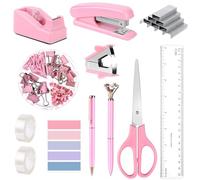 12PCS in 1 Rosa Forniture Per Ufficio Set Cucitrice e Nastro Dispenser Accessori Da Scrivania con Graffette Rimozione Graffette Raccoglitore Graffette Righello Forbici Nastro Penna