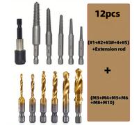 12pcs - Set di Punta da Trapano e Rivestiti, Misure Metriche M3-M10, Codolo Esagonale da 1/4", , Materiale in Acciaio al Carbonio, Kit Estrattore Viti per Foratura e Filettatura Efficiente