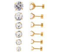 12pz Set di Orecchini Bottone Retro Piatto, 3 mm-8mm Orecchini Bottone Zirconia Acciaio Inossidabile 316 per Donne e Uomini Piercing Multipli Orecchie Sensibili(Oro)