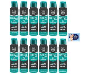 12x BREEZE Deodorante Spray Man Dry Protection, Zero Macchie sulla Pelle, Zero Alcol 150ml + 1 Busta di Talco Felce Azzurra in omaggio da 100g