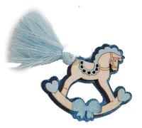 12X Calamita legno e plex CAVALLO A DONDOLO CELESTE 4x3.5 cm con nappina a riporto BOMBONIERA