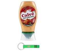 12x Calvé Salsa Hot Chicken - Ideale per dare vitalità e gusto a bocconcini di pollo e spiedini - Top Down 250ml + Portachiavi Beni Culinari in Omaggio