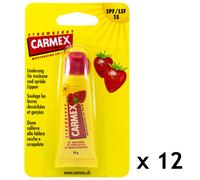 12x Carmex Fragola Burro Cacao Tubo Aromatizzato SPF15 Acqua Resistente 10ml /
