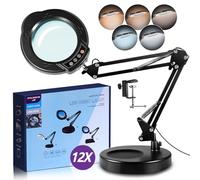 12X Lente di Ingrandimento con Luce，5 modi di colore， aggiornamento 84 LED lupa lampada, stand lupa con illuminazione per lavori da vicino, hobby, dipingere, leggere, riparazione (Black)