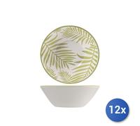 12x Scodelle In Stoneware Decorazione Jungle, Bianco E Verde, 16,5Cm