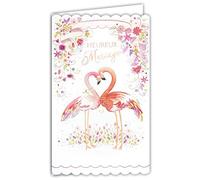 13-6166 - Biglietto con busta felice per matrimonio, congratulazioni, coppia di fenicotteri rosa intrecciati che formano un cuore acquerello fiorito beige per coppia uomo/donna o donna, prodotto in