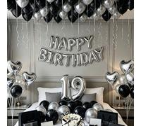 13/65/67 pezzi Set di palloncini per compleanno argento e nero - Striscione con lettere Buon Compleanno + Palloncino a forma di cuore in foil argento + Petali in tessuto non tessuto + Palloncini in la