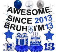 13 decorazioni di compleanno per ragazzi - 12 pezzi nero blu impressionante dal 2013 Bruh I'm 13 striscioni pre infilate vortici da appendere a nido d'ape per tredici anni ufficiale adolescente