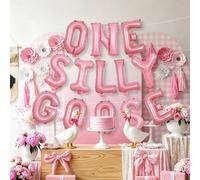 13 pezzi Set di palloncini a forma di lettere rosa "One/Two Silly Goose", include lettere rosa "One/Two Silly Goose" da 16 pollici, adatto per feste di compleanno, 1° compleanno, 2° compleanno, comple