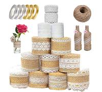 13 Rotolo Nastro Iuta, 9M Nastro Iuta Con Pizzo+13M Nastro Pizzo Bianco Vintage, Nastro Iuta Vintage Con Pizzo, Pizzo per Confezione Regalo Decorazione Tavola Matrimonio Artigianato Fai Da Te
