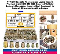 130pz Boccole Filettate x Legno Inserti Filettati M4 M5 M6 M8 M10 x Mobili