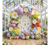 131 pezzi Kit arco di palloncini con margherite pastello, include palloncini rosa, gialli, verdi, blu, rossi e viola, oltre a palloncini floreali con motivi a margherite arcobaleno. Ideale per decorar