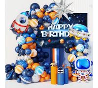 132 pezzi Set di arco di ghirlanda di palloncini a tema spaziale, palloncini in lattice blu metallico, argento metallico ecc. e 4 palloncini in foil a forma di astronauta, navicella spaziale, UFO, raz